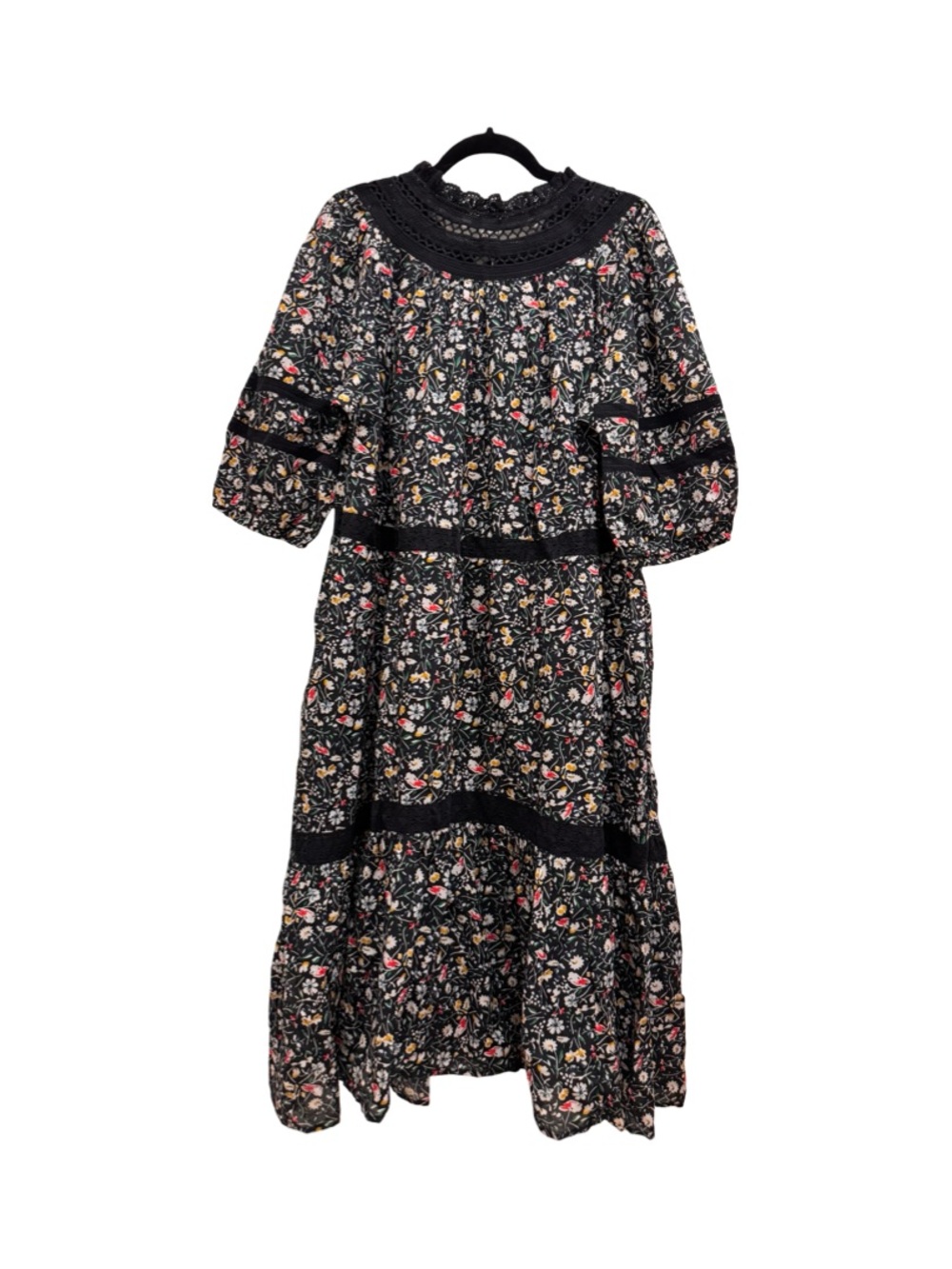 Sundance Black Floral Midi Dress with Crochet Yoke - Picture 8 of 10